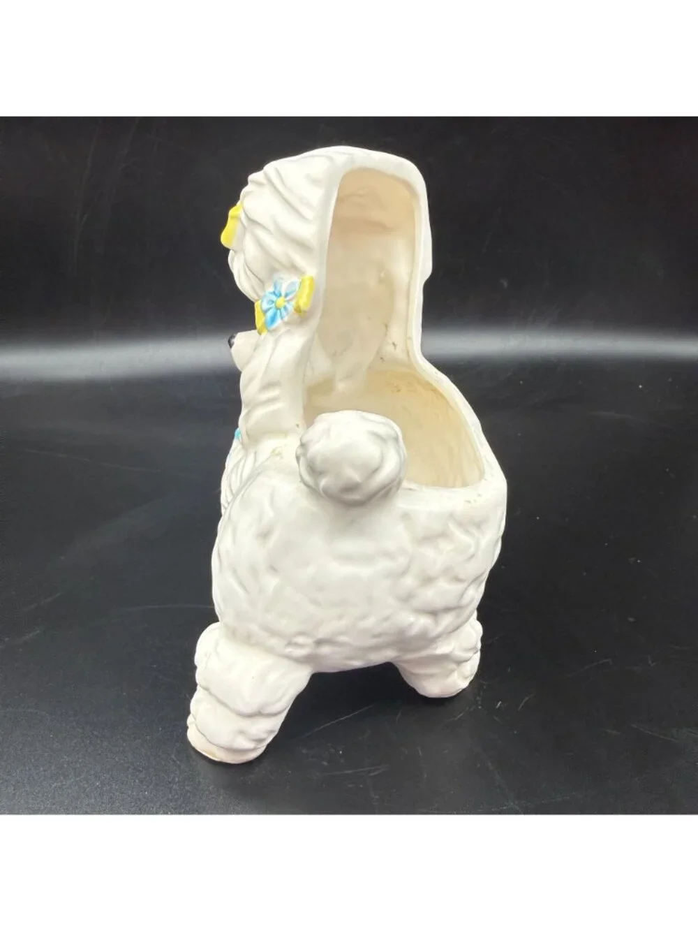 Vtg White Poodle Dog Planter Hand Painted Ceramic Bows Flowers MCM Import Kitsch